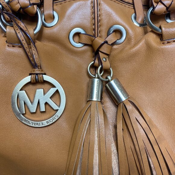 VINTAGE Michael Kors ASTOR BRAID Handbag Camel Leather Grommet Satchel Y2K - Picture 5 of 15